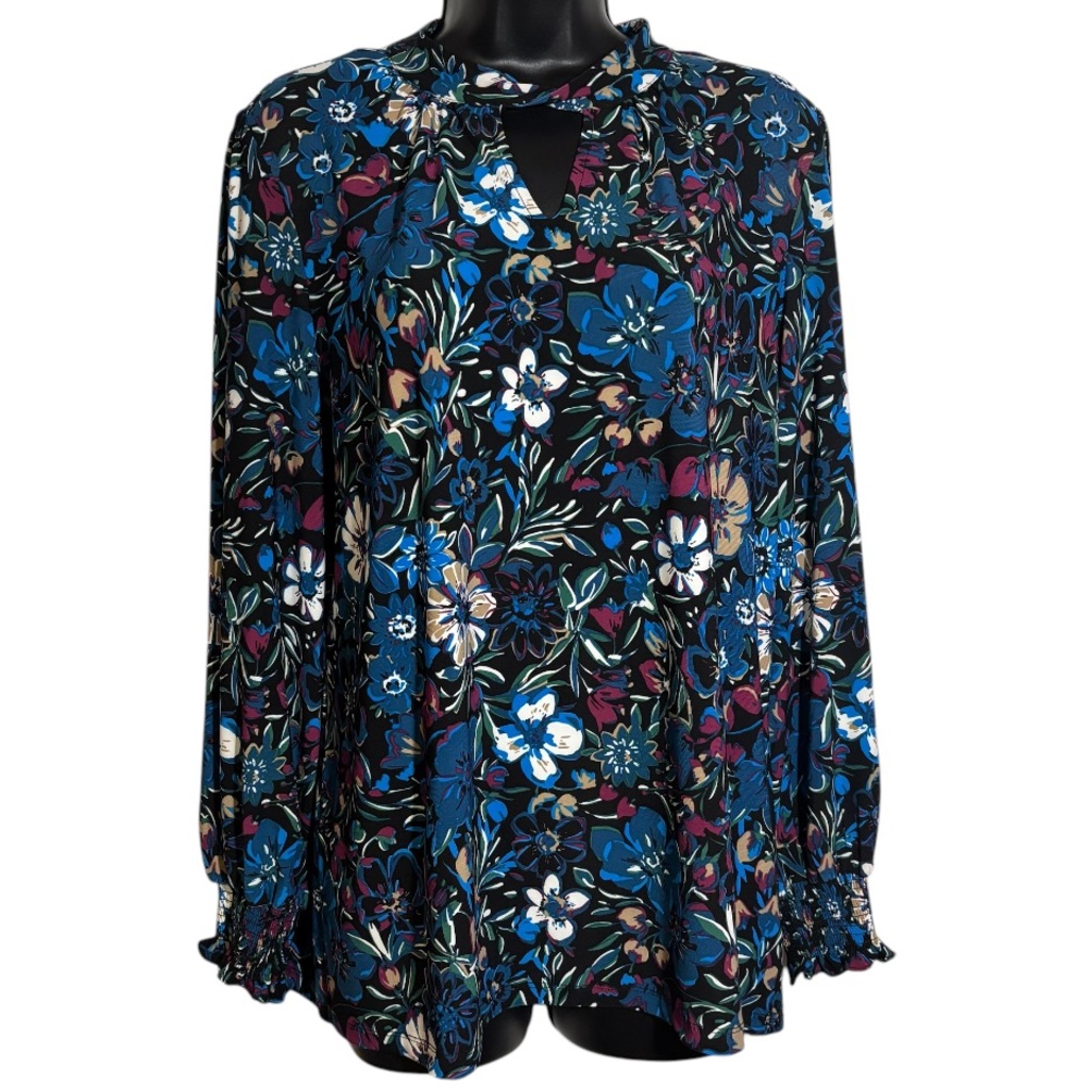 Nine West Blouse Long Sleeve Twist Neck Floral Print Top Black Teal Size Large